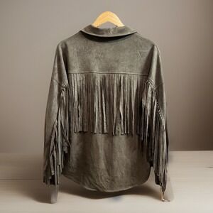 Blue B Collection Lightweight Faux Suede Fringe Shacket Olive Medium Boho Wester